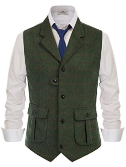 Men's Herringbone Tweed Suit Vest Casual Wool Blend Waistcoat
