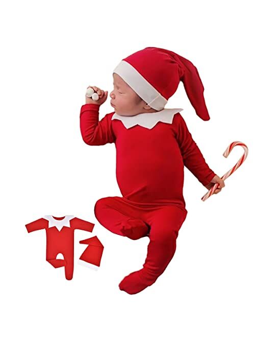 ForBaysy Newborn Baby Christmas Photo Props Outfit Infant Boys Girl Photoshoot Costume Red jumpsuit With Xmas Hat