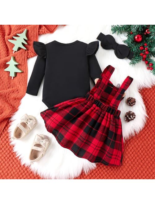 Frietlebird Newborn Baby Girl Fall Winter Outfits Thanksgiving Christmas Outfit Long Sleeve Romper Suspender Skirt Set 3Pcs