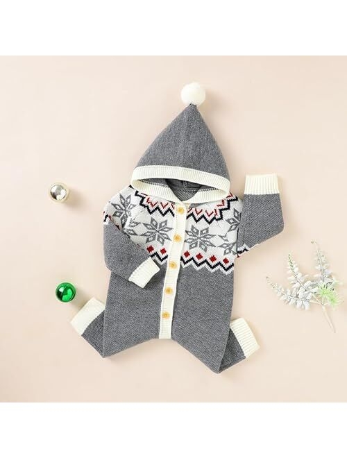Wugugu Newborn Christmas Baby Girl Boy Hooded Romper Unisex Infant Long Sleeve Knitted Jumpsuit One Piece Warm Outfits