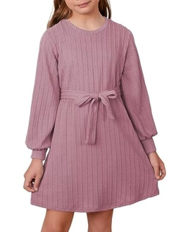KIDS Girls Fall Long Sleeve Textured Dress Casual Crewneck Belted A Line Dresses 7-15 Years