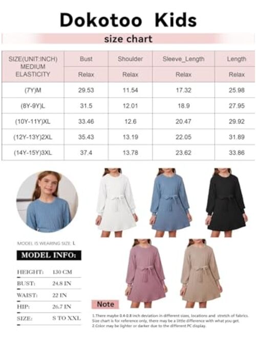 DOKOTOO KIDS Girls Fall Long Sleeve Textured Dress Casual Crewneck Belted A Line Dresses 7-15 Years