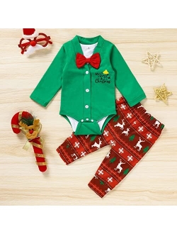 Sinhoon Baby Boy My First Christmas Outfits Newborn Infant Baby Long Sleeve Bowknot Romper + Pants Set 3Pcs Gentleman Clothes