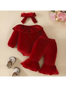 Wrrkayly Newborn Baby Girls My 1st Christmas Outfit Letter Long Sleeve Romper Tops Velvet Flared Pants Santa Hat 3pcs Clothes