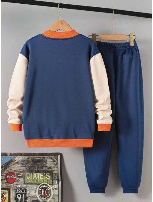 SHEIN Kids EVRYDAY Tween Boy Letter Graphic Colorblock Drop Shoulder Bomber Jacket & Sweatpants Without Hoodie