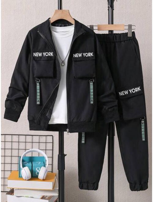 Shein Tween Boy 1pc Letter Graphic Flap Pocket Jacket & 1pc Pants