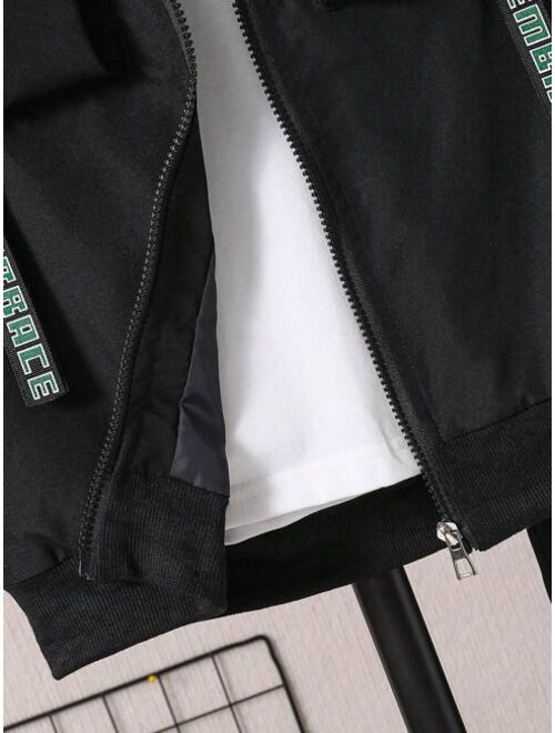 Shein Tween Boy 1pc Letter Graphic Flap Pocket Jacket & 1pc Pants