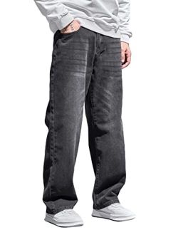 Men's High Waist Loose Jeans Baggy Straight Leg Denim Pants Trousers