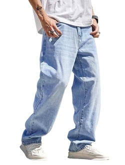 Men's High Waist Loose Jeans Baggy Straight Leg Denim Pants Trousers