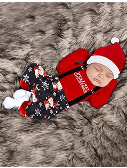 WIQI Christmas Newborn Baby Boy 3PCS Clothes Set Infant Long Sleeve Romper Reindeer Pattern Bib Pants Outfits
