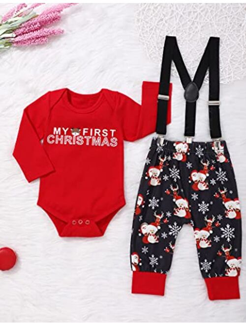 WIQI Christmas Newborn Baby Boy 3PCS Clothes Set Infant Long Sleeve Romper Reindeer Pattern Bib Pants Outfits
