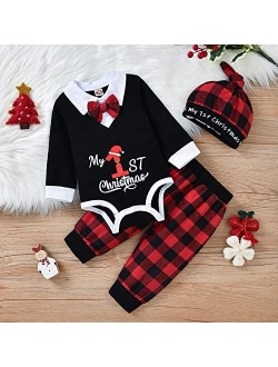 Aalizzwell Baby Boy First Christmas Outfit, Infant Gentleman Bodysuit Buffalo Plaid Pants Xmas Clothes 3 Pcs