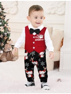 AGAPENG Baby Boy Christmas Outfit My First Christmas Gentleman Onesie Long Sleeve Romper Jumpsuit Vest with Bow Tie