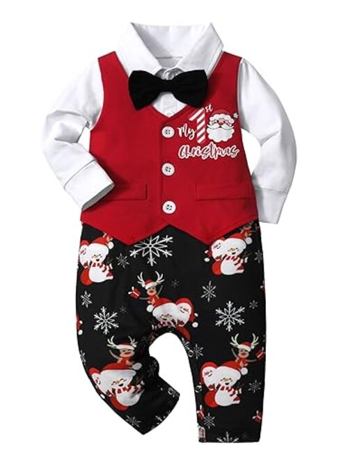 AGAPENG Baby Boy Christmas Outfit My First Christmas Gentleman Onesie Long Sleeve Romper Jumpsuit Vest with Bow Tie