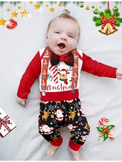 AGAPENG Baby Boy Christmas Outfit My First Christmas Gentleman Romper with Bow Tie Christmas Suspender Pants Santa Hat