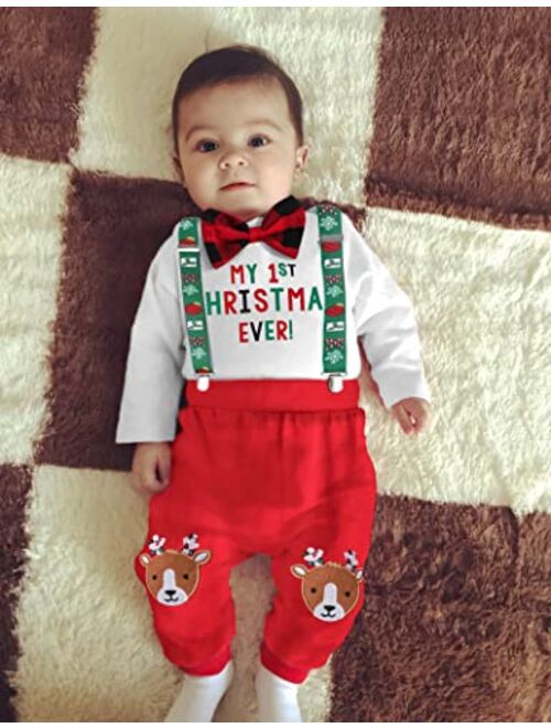 KANGKANG My First Christmas Baby Boy Outfit 2Pcs, Christmas Baby Rompers + Reindeer Pants