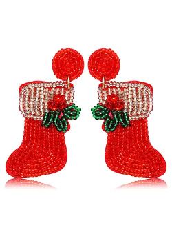 Xocartige Christmas Earrings for Women Beaded Holiday Reindeer Bulb Boot Earrings Handmade Christmas Tree Drop Dangle Earrings Festive Jewelry Gifts