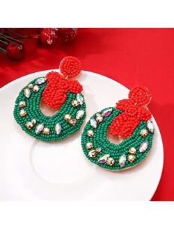 Faerliiry Beaded Christmas Earrings for Women Christmas Tree Beaded Earrings Bohemia Handmade Colorful Seed Bead Drop Earrings