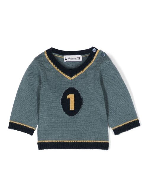 Bonpoint intarsia-knit V-neck wool jumper