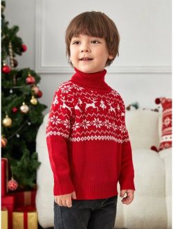 Toddler Boys 1PC Christmas Elk & Geo Pattern Turtleneck Sweater