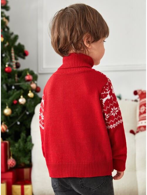 SHEIN Toddler Boys 1PC Christmas Elk & Geo Pattern Turtleneck Sweater