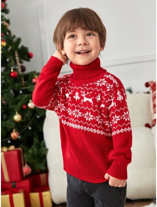 SHEIN Toddler Boys 1PC Christmas Elk & Geo Pattern Turtleneck Sweater