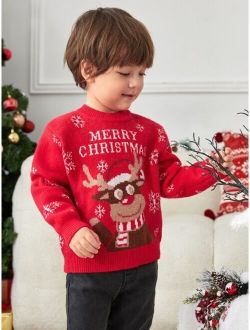 Toddler Boys 1pc Christmas Slogan & Elk Pattern Drop Shoulder Sweater