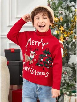 Young Boy 1pc Christmas Tree & Slogan Pattern Turtle Neck Drop Shoulder Sweater