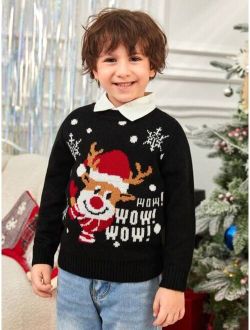 Young Boy Christmas Elk & Slogan Pattern Drop Shoulder Sweater Without Shirt