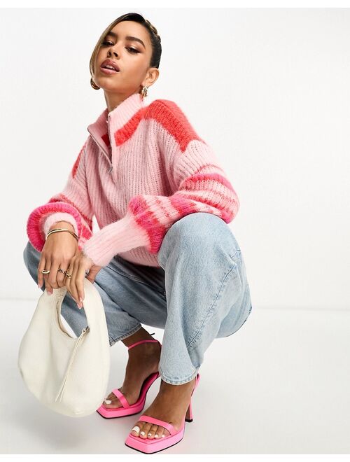 French Connection high neck chunky half zip sweater in pink stripe