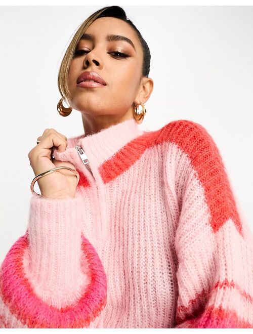 French Connection high neck chunky half zip sweater in pink stripe