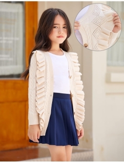 Girls Cardigan Sweaters Ruffle School Uniform Sweater V Neck Button Front Outerwear 4-13 Years