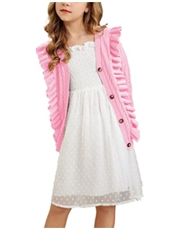Girls Cardigan Sweaters Ruffle School Uniform Sweater V Neck Button Front Outerwear 4-13 Years