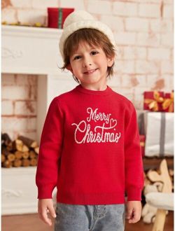 Toddler Boys Christmas Slogan & Heart Pattern Sweater