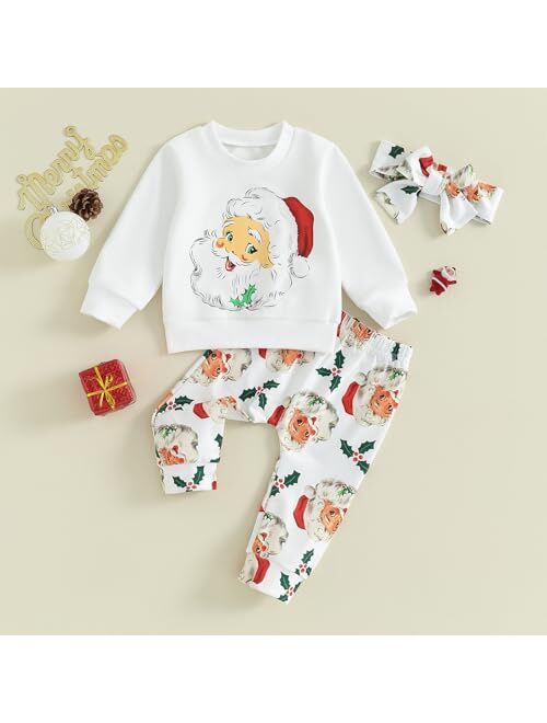 FIOMVA Toddler Baby Girl Christmas Outfit Fall Santa Sweatshirt Shirt Pants Set Cute Infant Matching Suit Clothes