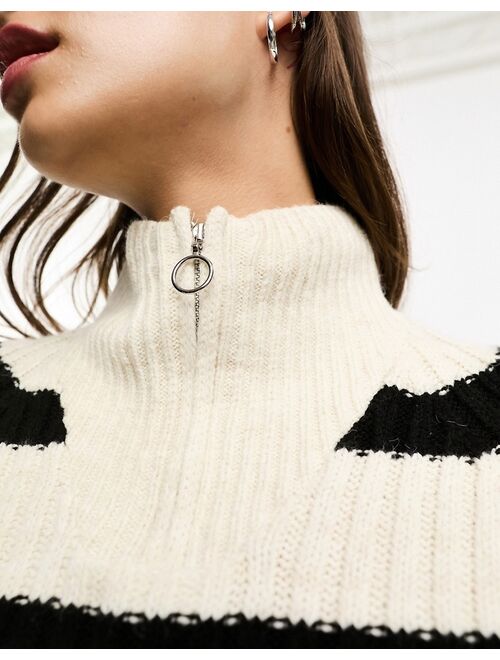 Only high neck zip detail sweater in cream and black stripe