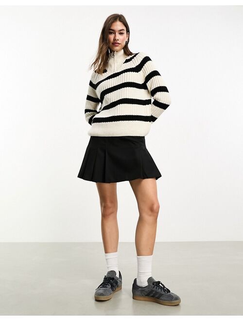 Only high neck zip detail sweater in cream and black stripe