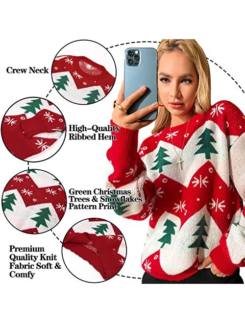 Honwenle Women's Ugly Christmas Sweater Funny Cute Christmas Tree Snowflake Reindeer Santa Xmas Knitted Pullover Jumper Tops