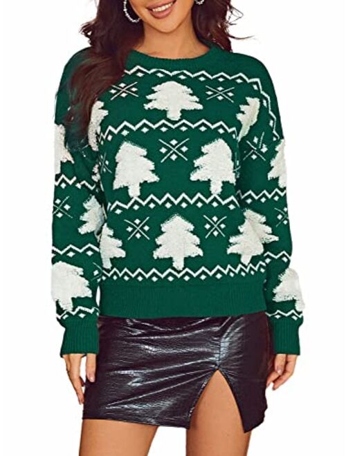 Miessial Women's Knitted Christmas Pattern Sweater Comfy Crewneck Long Sleeve Pullover Sweater