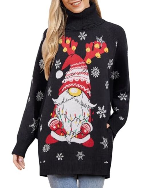 Goodstoworld Women's Turtleneck Oversized Ugly Christmas Sweaters Long Pullover Warm Cozy Sweater Dress Knit Tops with Pockets