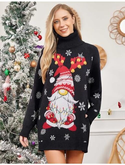Goodstoworld Women's Turtleneck Oversized Ugly Christmas Sweaters Long Pullover Warm Cozy Sweater Dress Knit Tops with Pockets