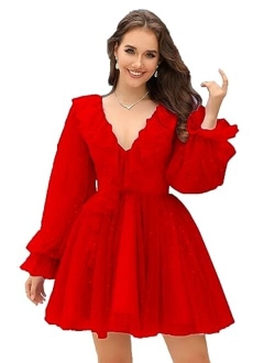 MeowAhwoo Homecoming Dresses Long Puffy Sleeves Short Mini A Line Prom Dresses Sparkle Starry V Neck Cocktail Dresses