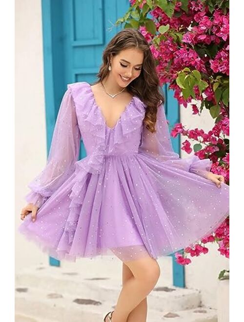 MeowAhwoo Homecoming Dresses Long Puffy Sleeves Short Mini A Line Prom Dresses Sparkle Starry V Neck Cocktail Dresses