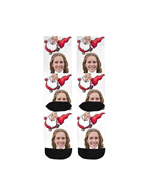 Interestprint Custom Your Face on Socks With Cute Santa Claus Print Novelty Crew Socks for Christmas Day