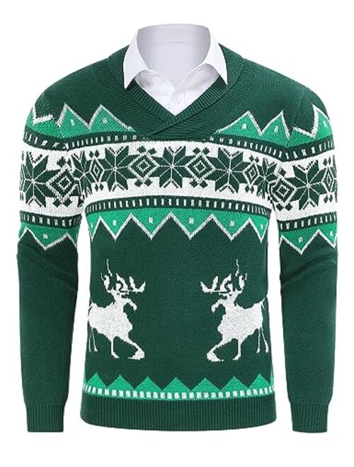 TURETRENDY Mens Ugly Christmas Sweaters Snowflakes Holiday Reindeer Printed Shawl Collar Knitted Long Sleeve Pullover Jumpers