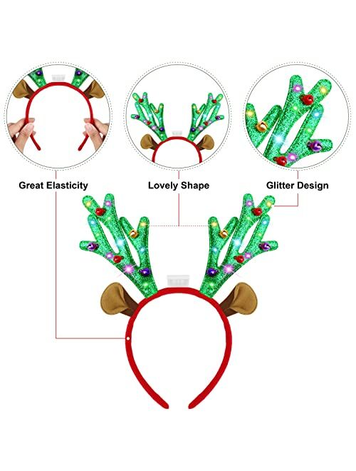 Aneco 6 Piece LED Christmas Reindeer Headbands Light Up Reindeer Antlers Headband Xmas Reindeer Costume Accessories for Christmas Decorations