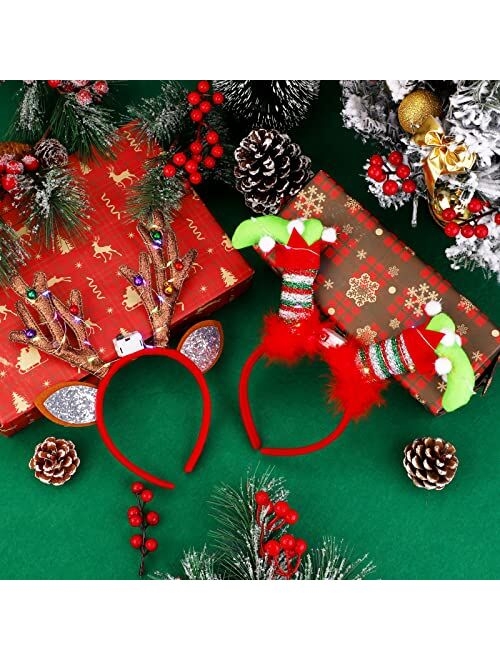 Fovths 6 Pack Christmas Headbands LED Reindeer Head Boppers Xmas Antler Santa Elves Hair Bands for Christmas Holiday Party Accessoriess