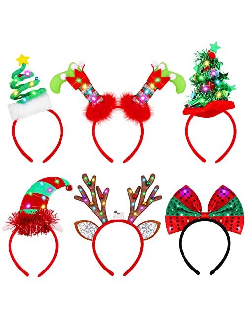 Fovths 6 Pack Christmas Headbands LED Reindeer Head Boppers Xmas Antler Santa Elves Hair Bands for Christmas Holiday Party Accessoriess