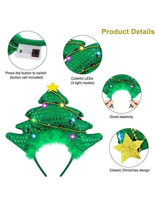 Aneco 6 Pack LED Christmas Headbands Assorted Christmas Tree Candy Canes Elf Hats Headwear Antler Costume Hair Hoop for Christmas Costume Accessory Party Favors