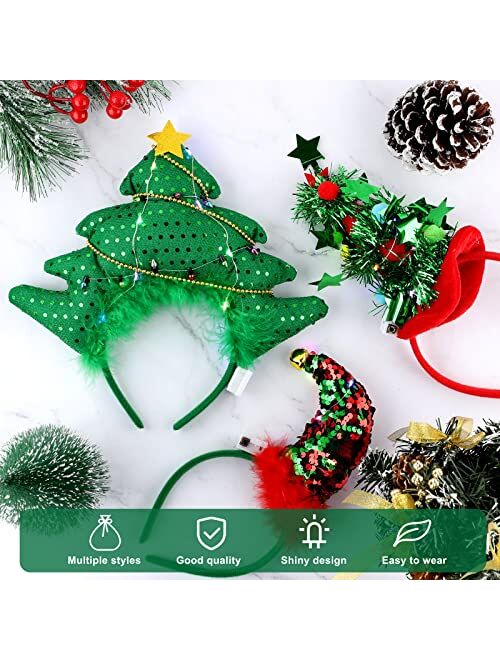 Aneco 6 Pack LED Christmas Headbands Assorted Christmas Tree Candy Canes Elf Hats Headwear Antler Costume Hair Hoop for Christmas Costume Accessory Party Favors
